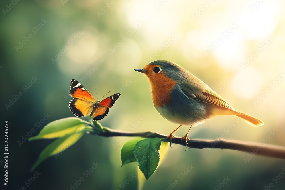 Fototapeta premium A small bird is sitting on a branch next to a butterfly with a beautiful light