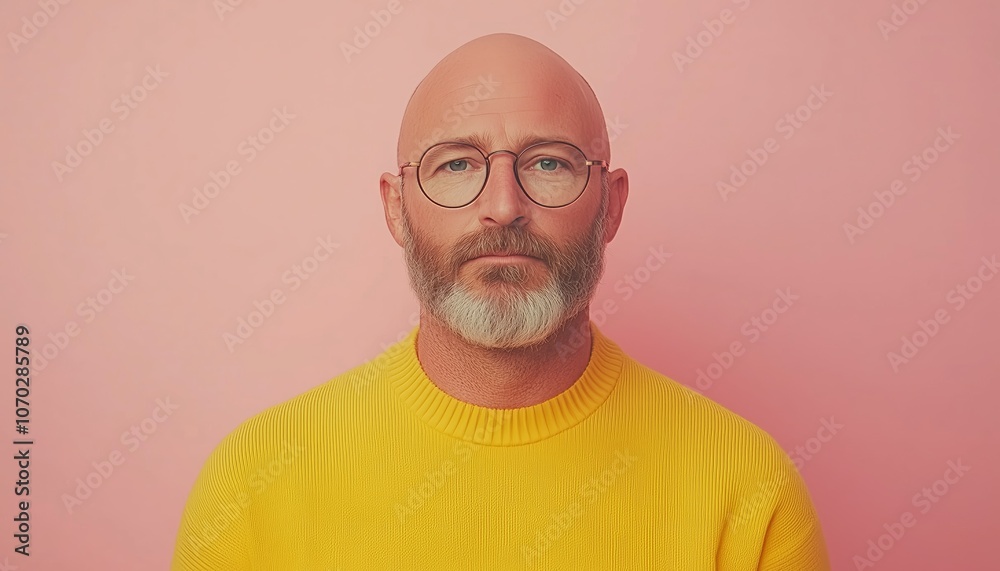Obraz premium Bald man with glasses wearing a yellow sweater against a pink background, capturing vibrant fashion and contemporary style.