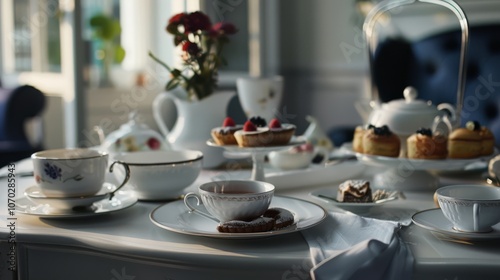 Close-up of delicate tea set with pastries, encapsulating elegance and a refined dining experience in a classic setting.