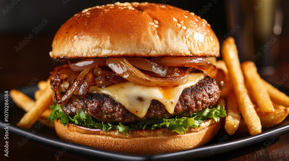 A gourmet burger with a juicy beef patty, caramelized onions, and melted cheese, served with a side of fries. A gourmet burger with a juicy beef patty, caramelized onions, and melted cheese, served with a side of fries.
