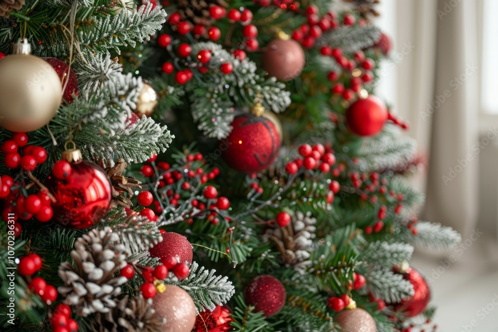 Close up of balls on christmas tree. Bokeh garlands in the background. New Year concept. Neural network ai generated art Close up of balls on christmas tree. Bokeh garlands in the background. New Year concept. Neural network ai generated art