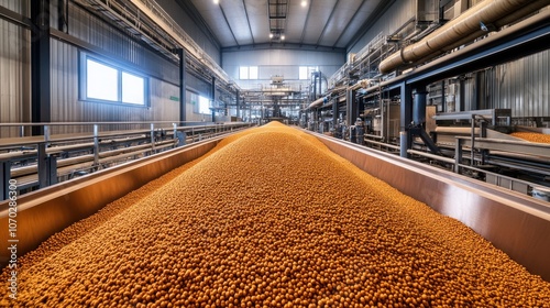 Panorama of a high-capacity chicken feed plant, with automated mixers and conveyors at the top processing grains and nutrients. The middle area shows rows of feed pellets in large containers photo