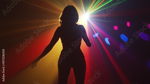 Silhouette of a woman dancing amidst vibrant, colorful disco lights and rays, capturing the energy and excitement of nightlife.