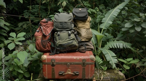 An arrangement of backpacks on a vintage suitcase amidst lush greenery, suggesting adventure, travel, and exploration in nature. photo