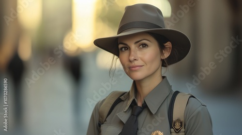 A confident female park ranger with a hat poses in an urban setting, showcasing authority and professionalism amidst city life.