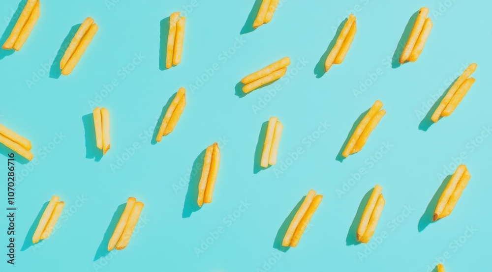 A blue background with a pattern of french fries. The fries are cut in half and are scattered across the background A blue background with a pattern of french fries. The fries are cut in half and are scattered across the background