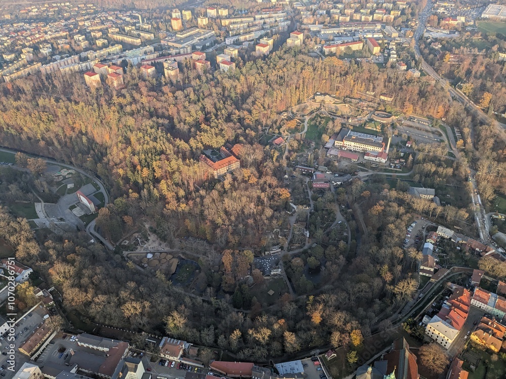 Obraz premium Aerial view of Jihlava ZOO, capturing the natural habitats and diverse animal species housed in this Moravian wildlife park