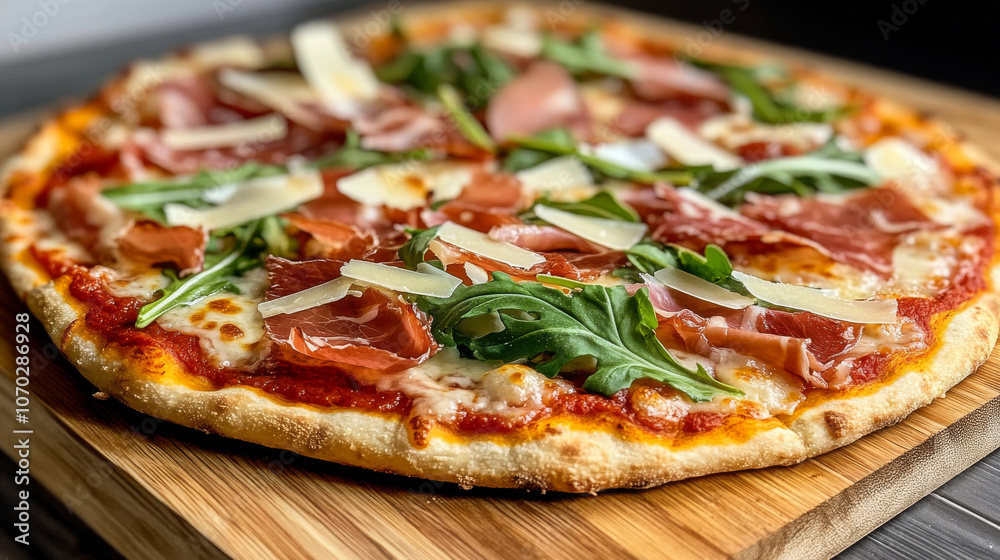 A gourmet pizza with a thin crust, topped with arugula, prosciutto, and shaved parmesan, fresh out of the oven. A gourmet pizza with a thin crust, topped with arugula, prosciutto, and shaved parmesan, fresh out of the oven.