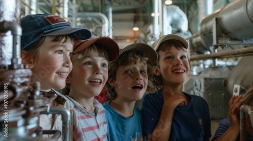 A group of children in casual attire, filled with excitement and wonder, explore an industrial setting brimming with pipes and machinery. photo