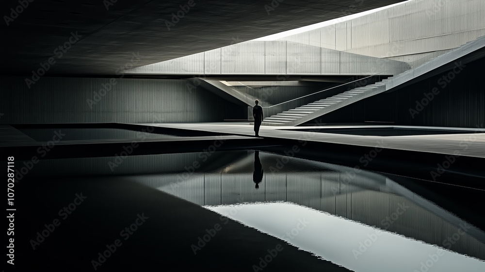 A lone figure stands in a vast, minimalist concrete structure with reflective water and geometric staircases.