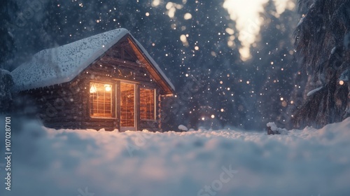 A rustic, 3D-rendered hut with glass panels, snow falling gently outside in a winter wonderland.