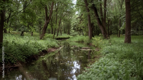 A serene woodland stream reflects lush green foliage under a gentle light, encapsulating tranquil nature in its purest form.