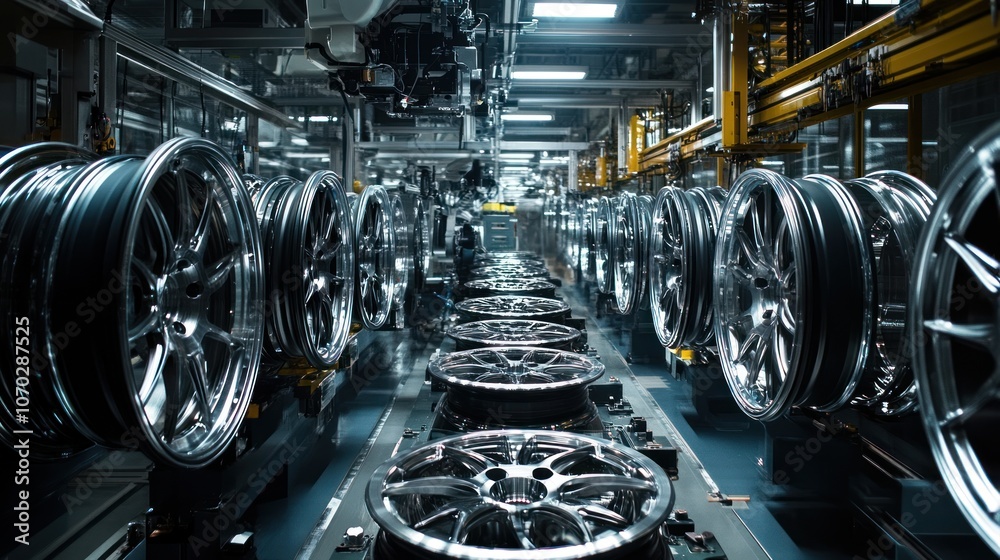 Fototapeta premium Panorama of a wheel production line in an alloy wheel manufacturing facility, with robotic arms and machinery in the top section crafting each wheel