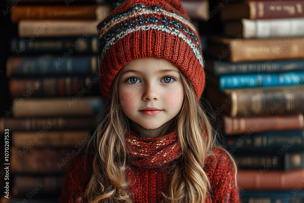 Generative AI image of a smiling girl in a red hat and sweater, celebrating the New Year at school with classmates in festive attire Generative AI image of a smiling girl in a red hat and sweater, celebrating the New Year at school with classmates in festive attire