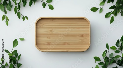 A wooden tray with a leafy background. The tray is empty and has a natural, earthy feel to it. Empty space for logo or text, mockup photo