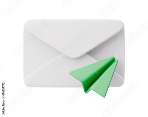 3D closed mail envelope with plane icon. News email notification or sending letter concept. White envelope and green paper plane isolated on white background. Realistic vector illustration