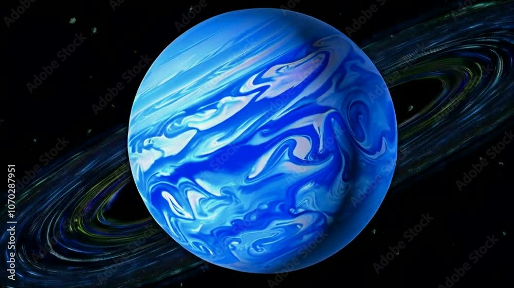 A depiction of Neptune, showcasing its vibrant blue hues and swirling atmospheric patterns.