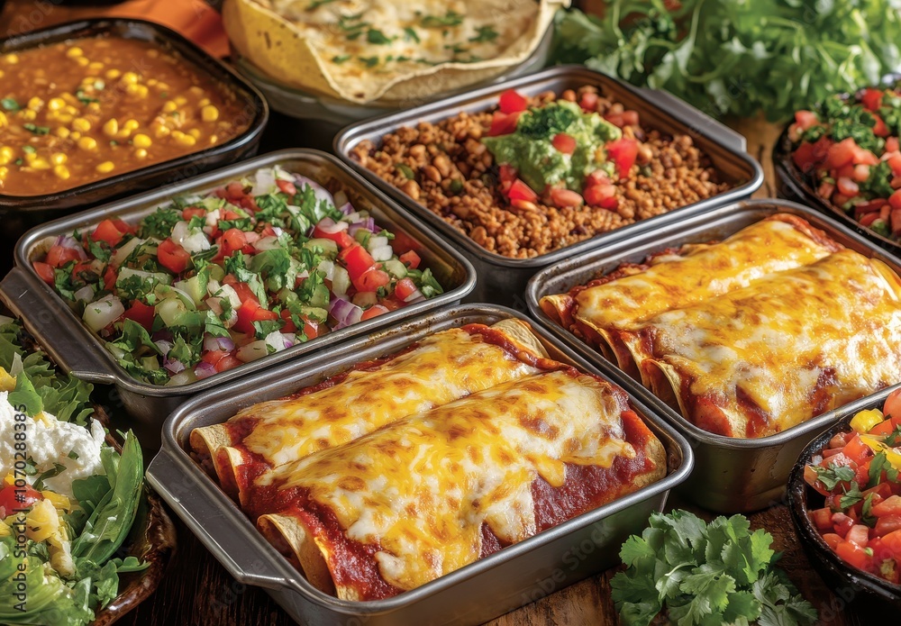 A table full of food, including a variety of Mexican dishes such as burritos, enchiladas, and beans