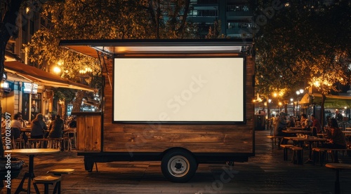 A photo of an outdoor food truck with wooden walls and a white blank poster on the side, located in front of street tables at night. photo