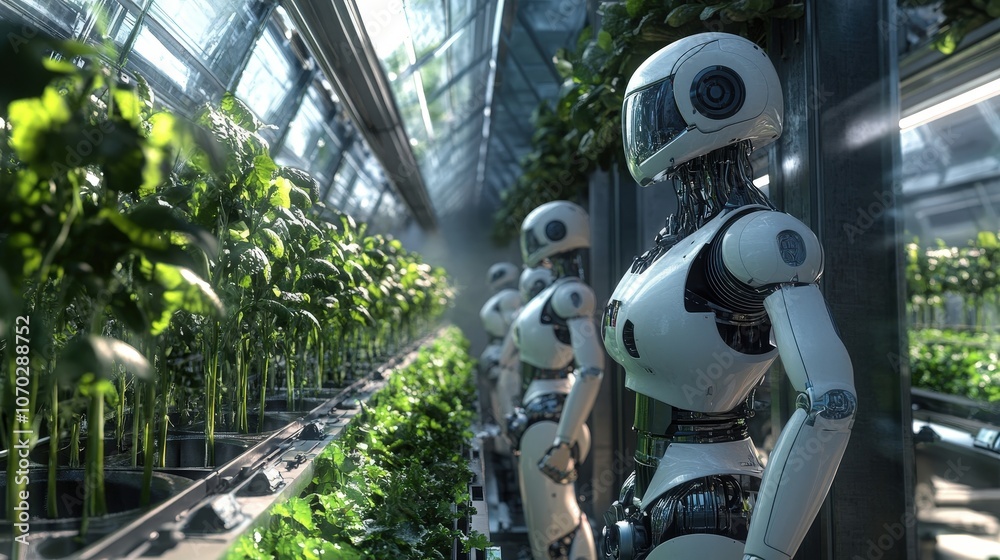 A future farming operation, with robots planting, harvesting, and maintaining crops in a fully automated, vertical farming environment. A future farming operation, with robots planting, harvesting, and maintaining crops in a fully automated, vertical farming environment.