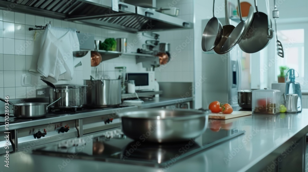 A sleek, professional kitchen equipped for precision cooking, with stainless steel details and culinary tools perfectly organized. A sleek, professional kitchen equipped for precision cooking, with stainless steel details and culinary tools perfectly organized.