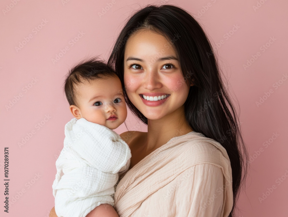 A mother holding her baby and smiling warmly, standing in front of a pastel pink backdrop. A mother holding her baby and smiling warmly, standing in front of a pastel pink backdrop.