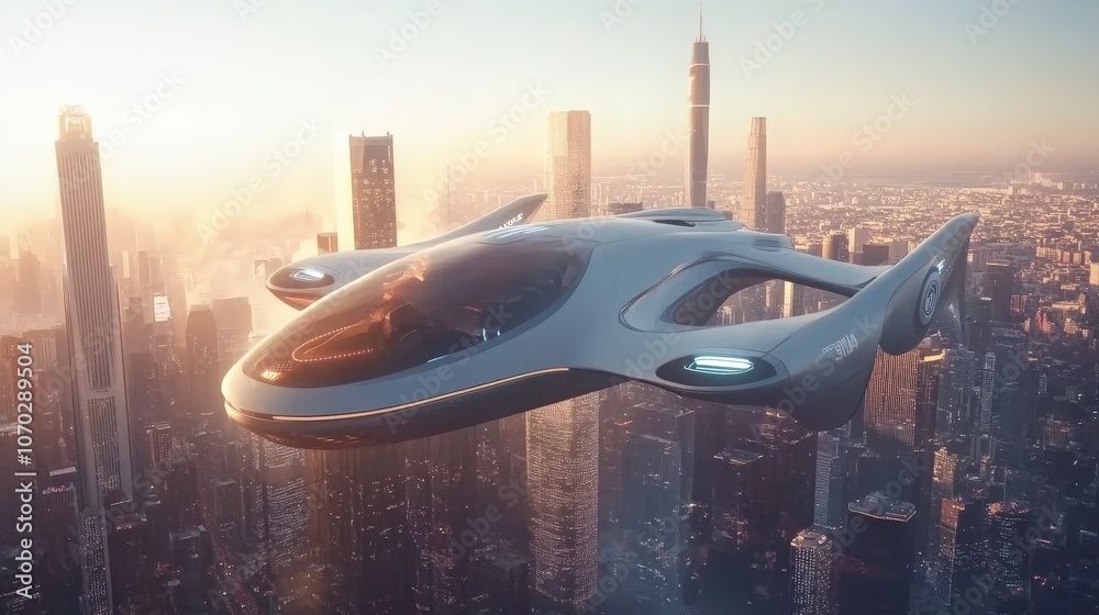 A futuristic flying car hovering above a cityscape, representing the next generation of transportation and the promise of urban air mobility A futuristic flying car hovering above a cityscape, representing the next generation of transportation and the promise of urban air mobility