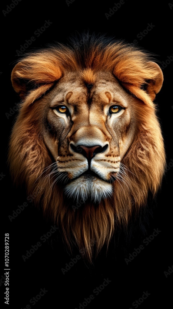 Majestic lion with a powerful gaze showcasing detailed features and vibrant mane against a black background Majestic lion with a powerful gaze showcasing detailed features and vibrant mane against a black background