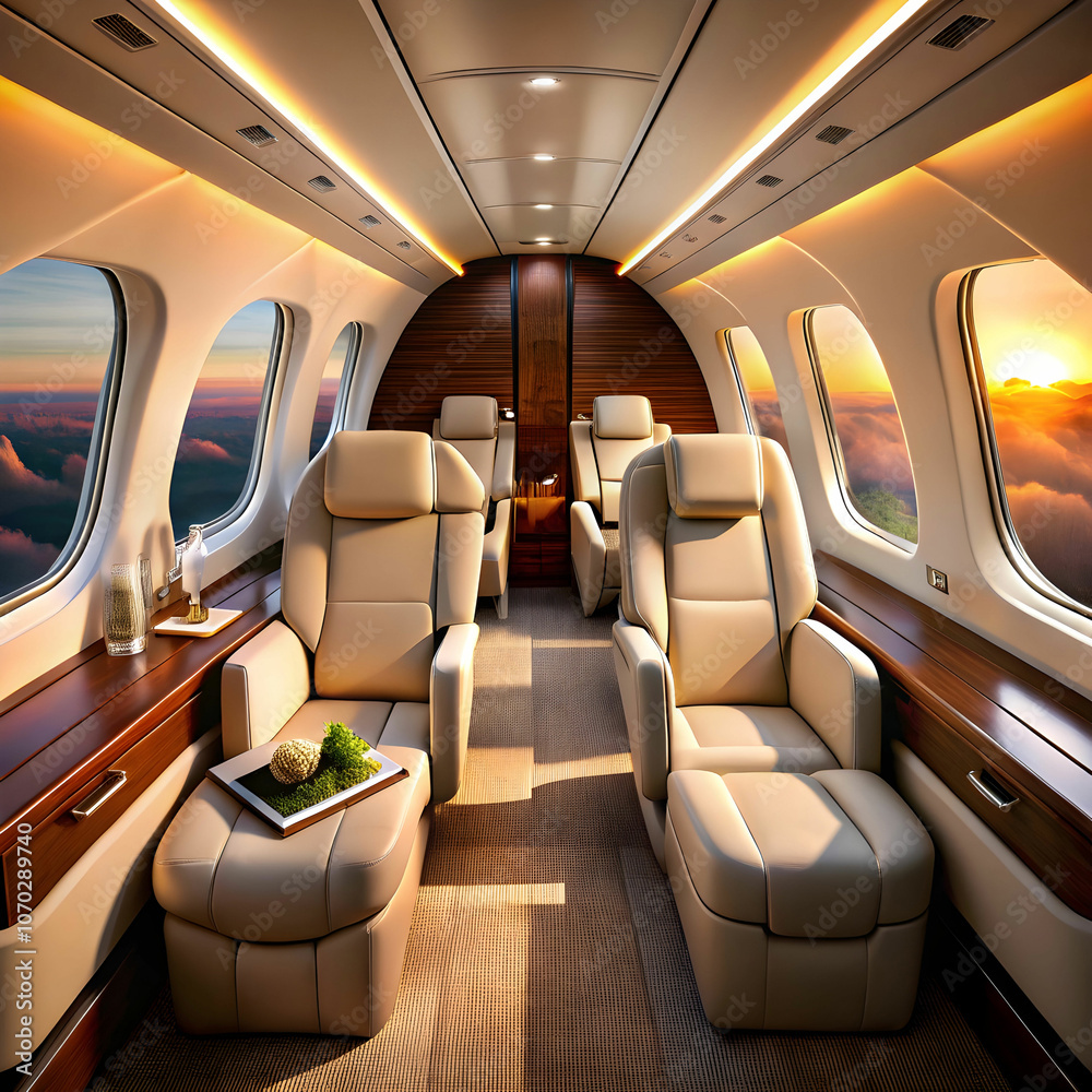 The luxurious private jet interior boasts plush seats, elegant decor The luxurious private jet interior boasts plush seats, elegant decor