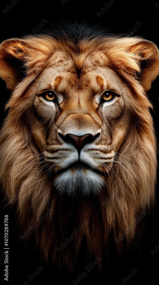 a beautiful and magnificient hyper realistic lion, looking deeply to the camera in a black background a beautiful and magnificient hyper realistic lion, looking deeply to the camera in a black background