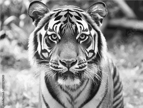 Detailed black and white illustration of a tiger’s face, capturing its intense gaze and natural pattern with realism and power.