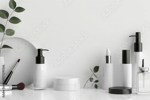 A white background with a variety of makeup products including a bottle of perfu photo