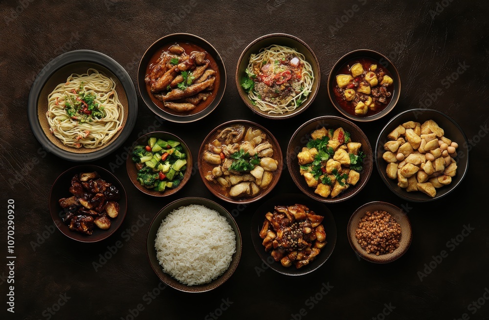 A table full of food with a variety of dishes including rice, noodles, and meat. Scene is inviting and delicious A table full of food with a variety of dishes including rice, noodles, and meat. Scene is inviting and delicious