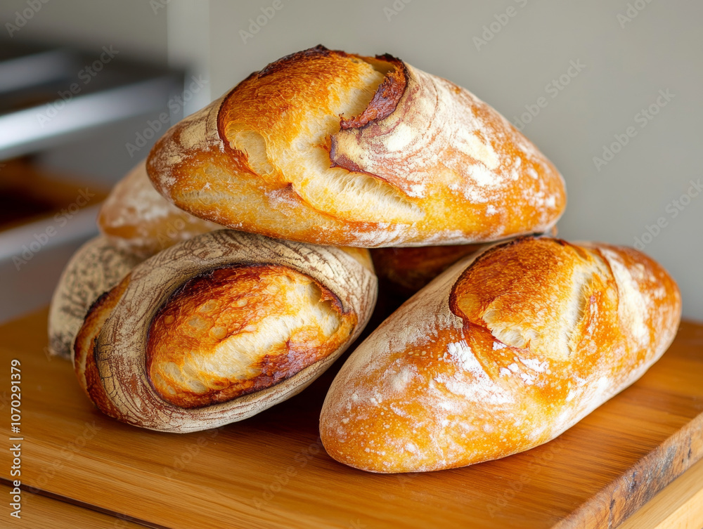 A stack of bread loaves on a wooden cutting board A stack of bread loaves on a wooden cutting board