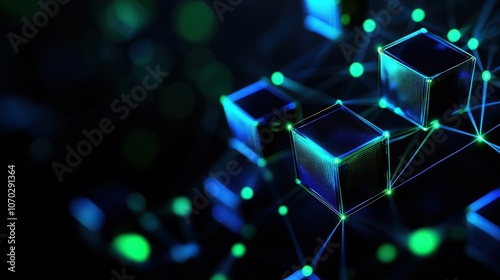 Abstract representation of blockchain technology with glowing cubes and connected nodes, showcasing digital innovation.