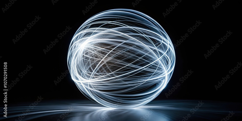 Abstract sphere of swirling white light trails on a black background