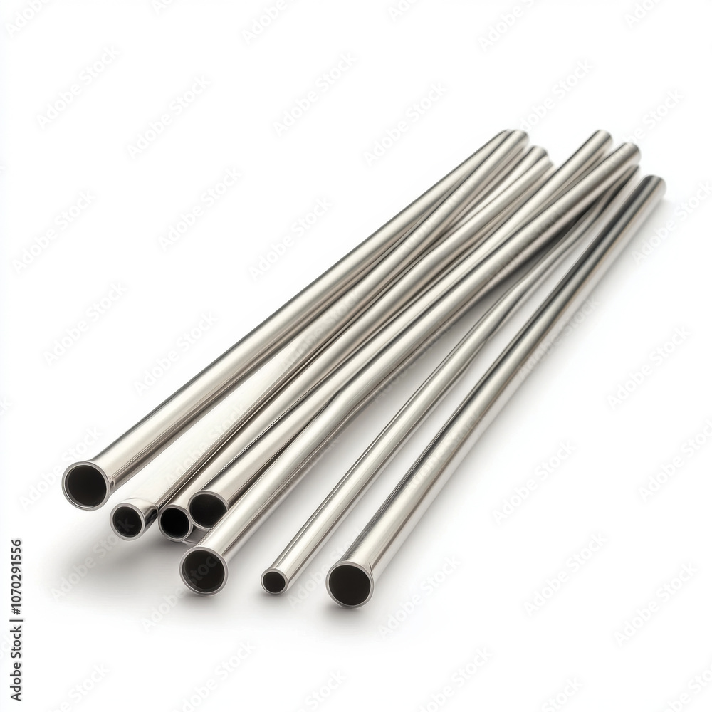 A set of eco-friendly stainless steel straws in different sizes, isolated on a white background. A set of eco-friendly stainless steel straws in different sizes, isolated on a white background.