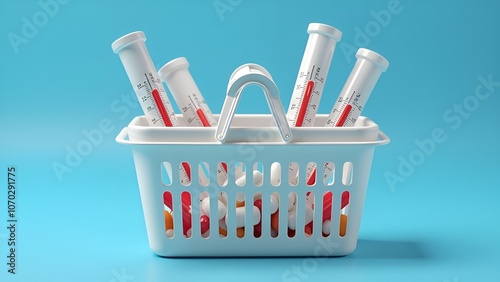 Drugs in shopping basket on blue background. Creative pharmacy delivery of medicines to your home concept. Home first aid kit for colds, illnesses, viruses, epidemics. Online purchase of medicines. photo