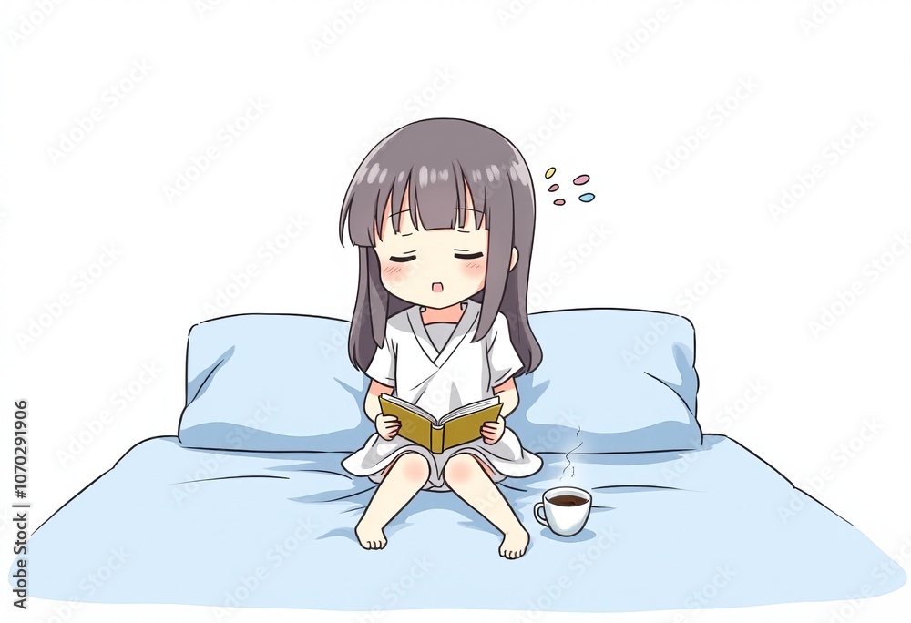 Anime Inspired Artwork of a Cozy Scene with a Girl on Her Bed, Drinking Coffee and Reading, Emphasizing Light Blue and White Color Palette Anime Inspired Artwork of a Cozy Scene with a Girl on Her Bed, Drinking Coffee and Reading, Emphasizing Light Blue and White Color Palette