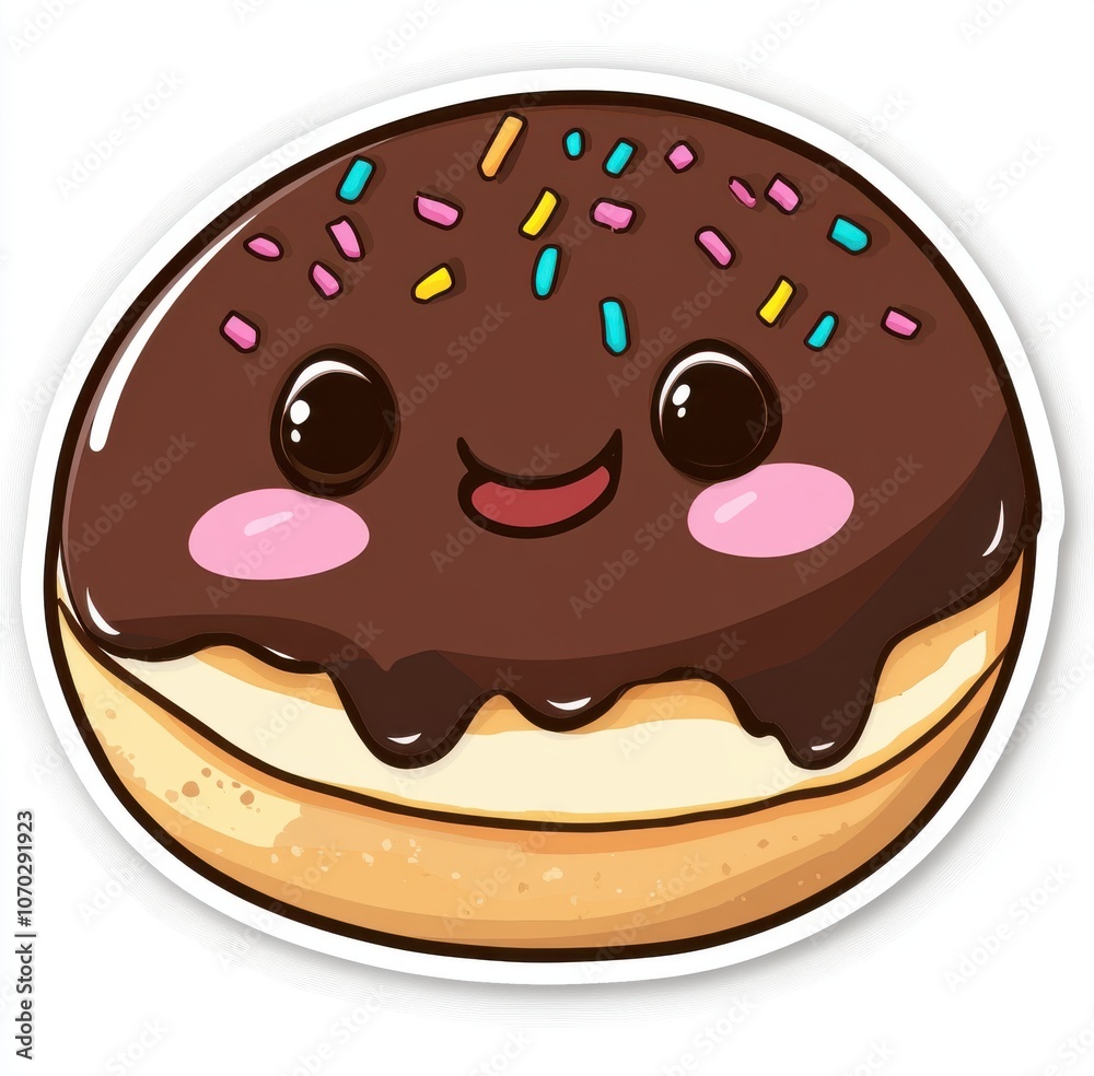 A cartoonish chocolate donut with sprinkles and a smiling face. The donut is cute and inviting, and the sprinkles add a playful touch A cartoonish chocolate donut with sprinkles and a smiling face. The donut is cute and inviting, and the sprinkles add a playful touch