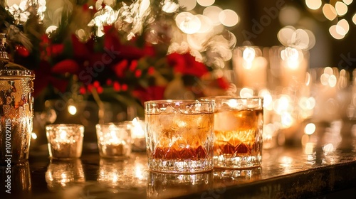 A Christmas cocktail party with elegant guests and glowing lights. photo