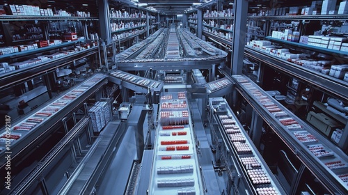 Panoramic view of a pharmaceutical manufacturing facility, with conveyor belts in the top section handling small packets of powder medication. The center area has neatly organized rows of sachets