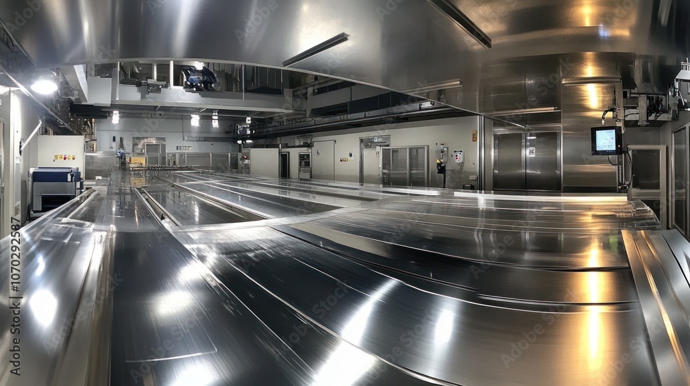 Panoramic view of a stainless steel production area, with conveyor belts and robotic equipment in the top section. The center displays stainless steel sheets and plates Panoramic view of a stainless steel production area, with conveyor belts and robotic equipment in the top section. The center displays stainless steel sheets and plates