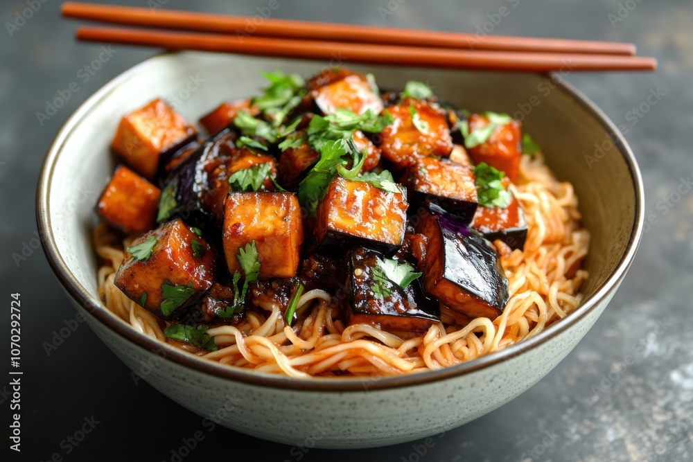 A bowl of noodles with meat and vegetables. The bowl is white and the noodles are red. The meat is cut into cubes and the vegetables are chopped. The bowl is topped with a sauce A bowl of noodles with meat and vegetables. The bowl is white and the noodles are red. The meat is cut into cubes and the vegetables are chopped. The bowl is topped with a sauce