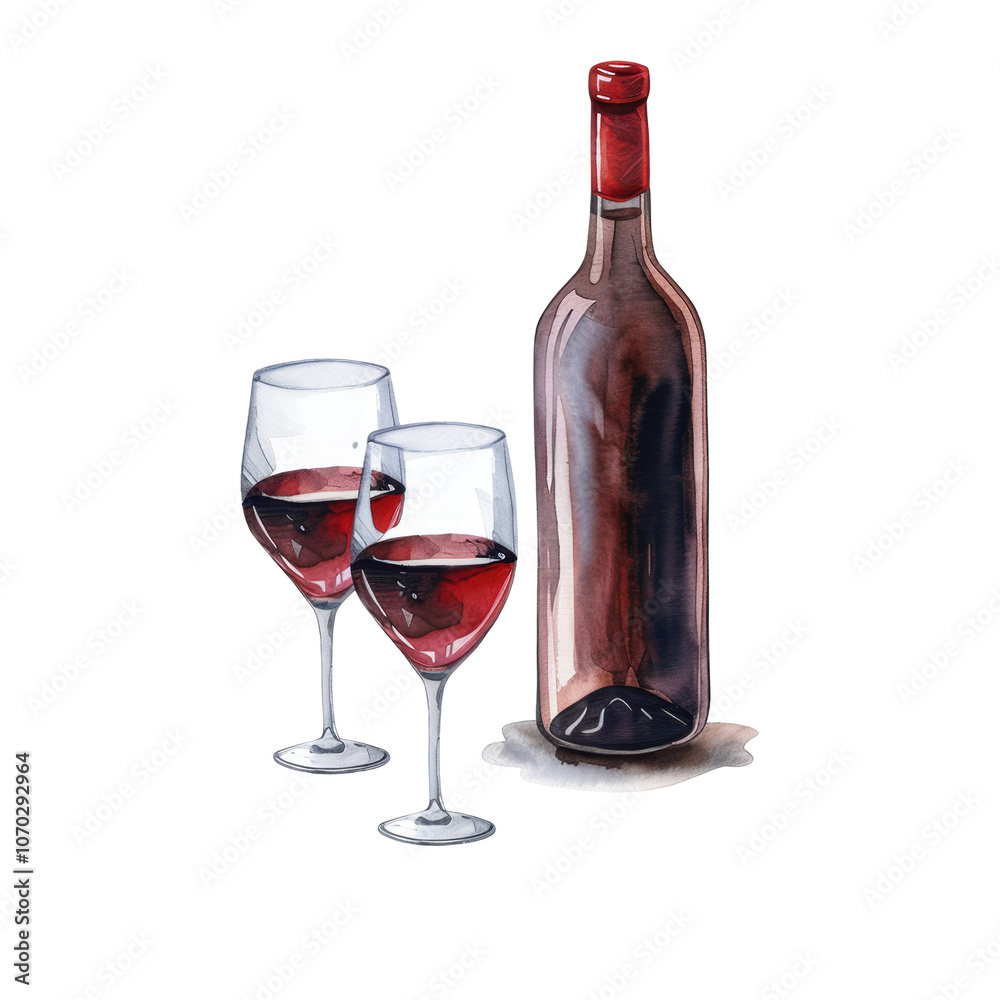 Watercolor red wine bottle and glass Watercolor red wine bottle and glass