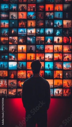 Silhouette Of A Person Standing In Front Of Video Wall With Sunset  Neon Light Background photo