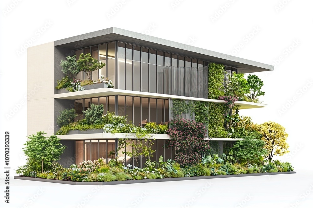 Fototapeta premium 3d miniature grey and cream realistic vector luxury hotel side view with modern architecture and greenery plant and flowers 