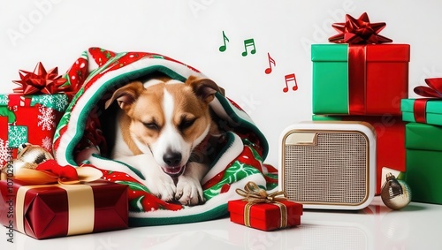 Christmas Doggy's Jingle Jam: A charming Jack Russell snuggles in a festive Christmas sweater, surrounded by presents and a mini Bluetooth speaker, ready for a holiday sing-along. photo