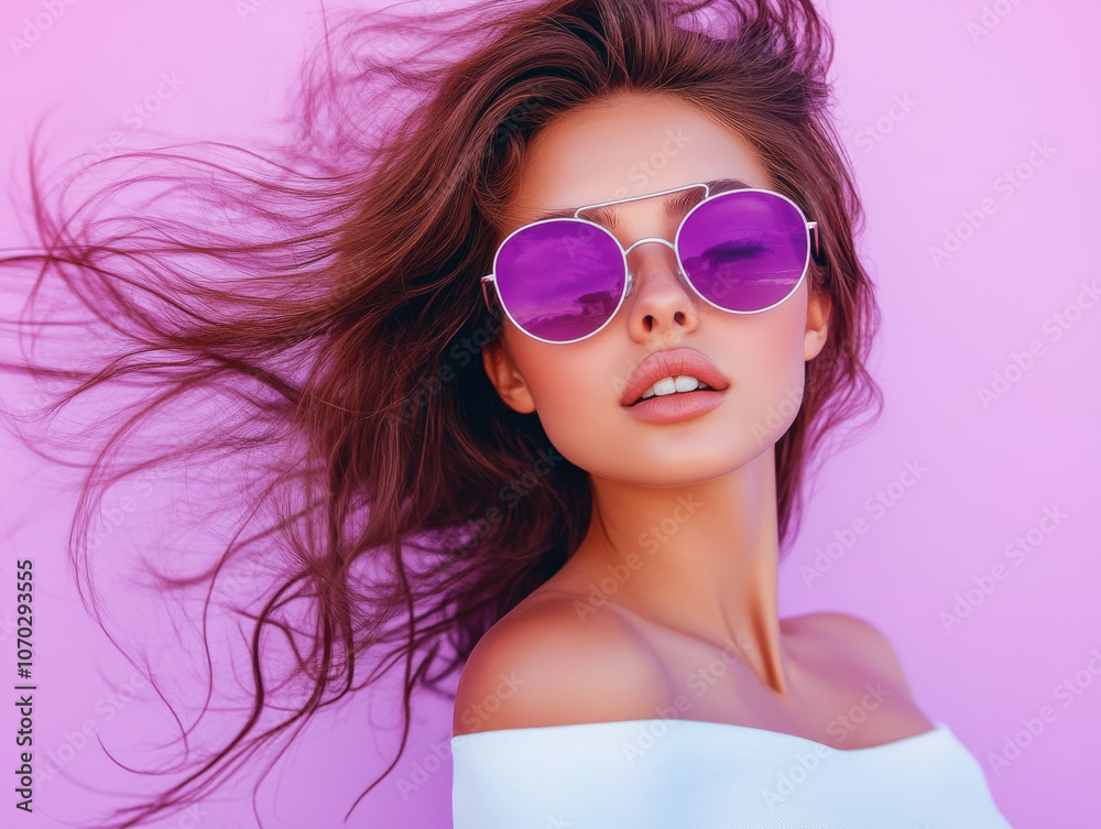 A stylish woman wearing sunglasses, playfully posing against a pastel lavender background. A stylish woman wearing sunglasses, playfully posing against a pastel lavender background.