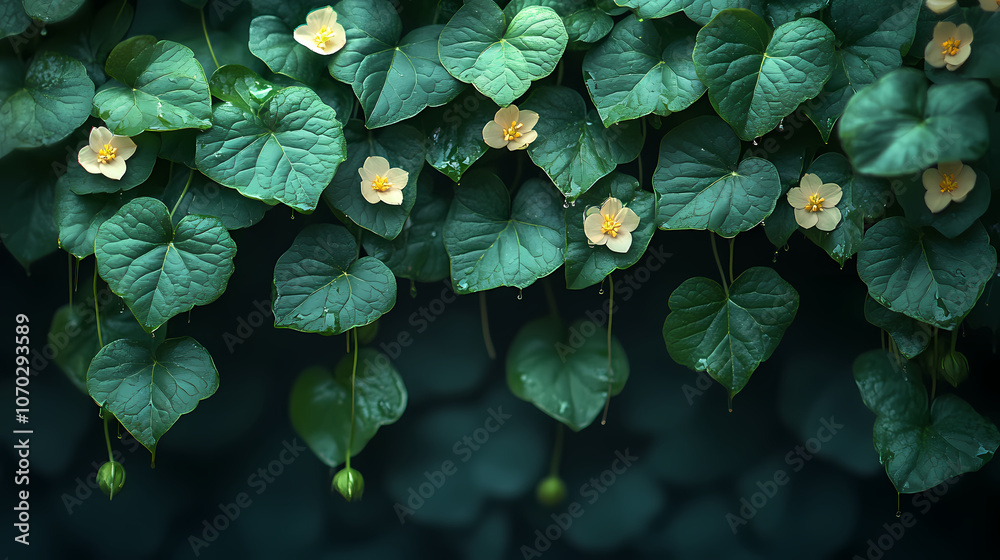 Beautiful vines, with leaves, in clear sharp detail, dripping leaves, calming effect, green background, line of flowers